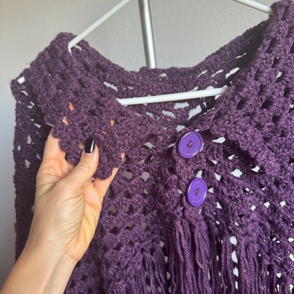 Handmade Crochet Purple Poncho with Tassels Buttons - Picture 3 of 7